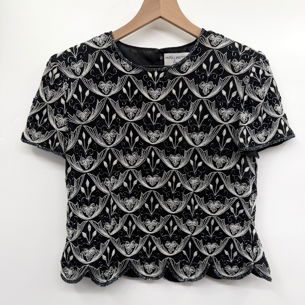 Vintage 90s Papell Boutique Beaded Silk Short Sleeve Top‎ in Black Silver Size M